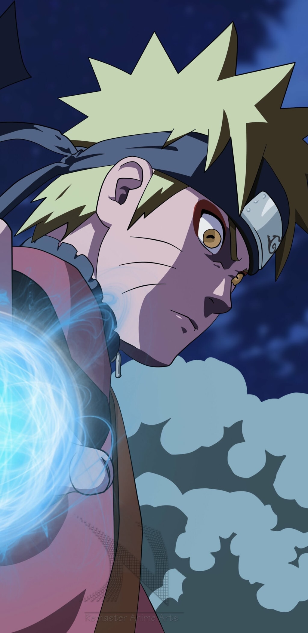 Naruto Uzumaki with spiky blonde hair and whisker marks, channeling blue chakra energy with determined expression against dar