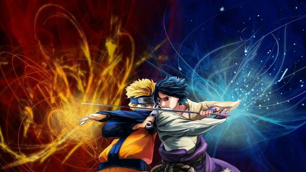 Naruto Uzumaki and Sasuke Uchiha clash with fire and ice energy effects in dynamic anime battle composition