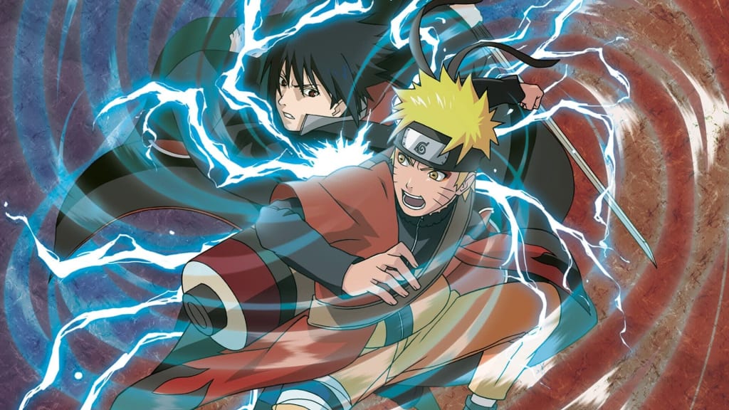 Naruto Uzumaki in orange and black ninja outfit with spiky blonde hair, surrounded by electric blue lightning bolts in dynami