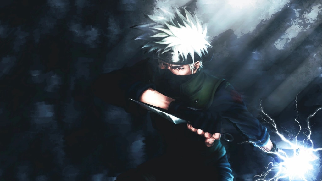 Naruto Uzumaki with white spiky hair and black eye mask, wielding glowing blue lightning energy against a dark stormy backgro