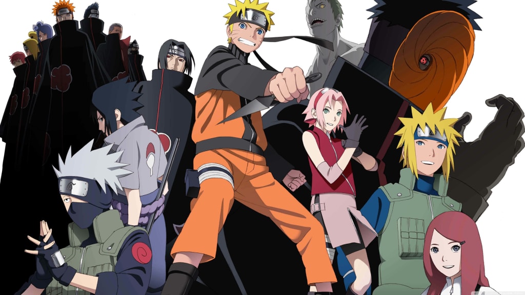 Naruto Uzumaki in orange ninja outfit with blonde spiky hair, surrounded by fellow ninja allies and dark shadowy antagonists