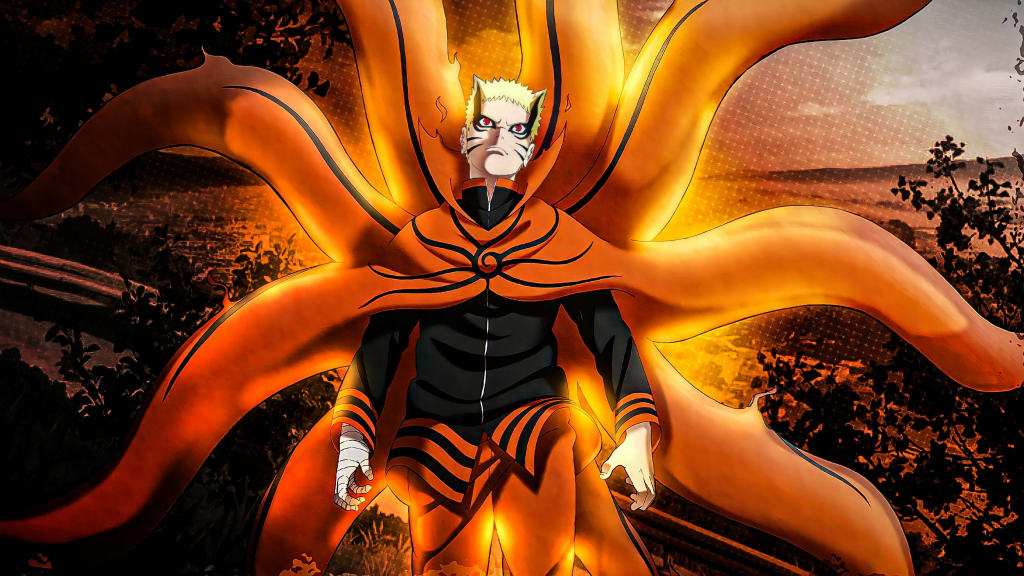 Naruto Uzumaki in Nine-Tailed Fox mode with glowing orange chakra tails and intense expression against desert landscape backg