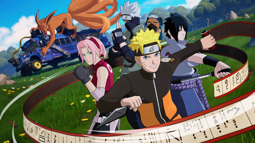 Naruto Uzumaki and his ninja team posed dynamically with scrolls and hand seals against a scenic green landscape with mountai