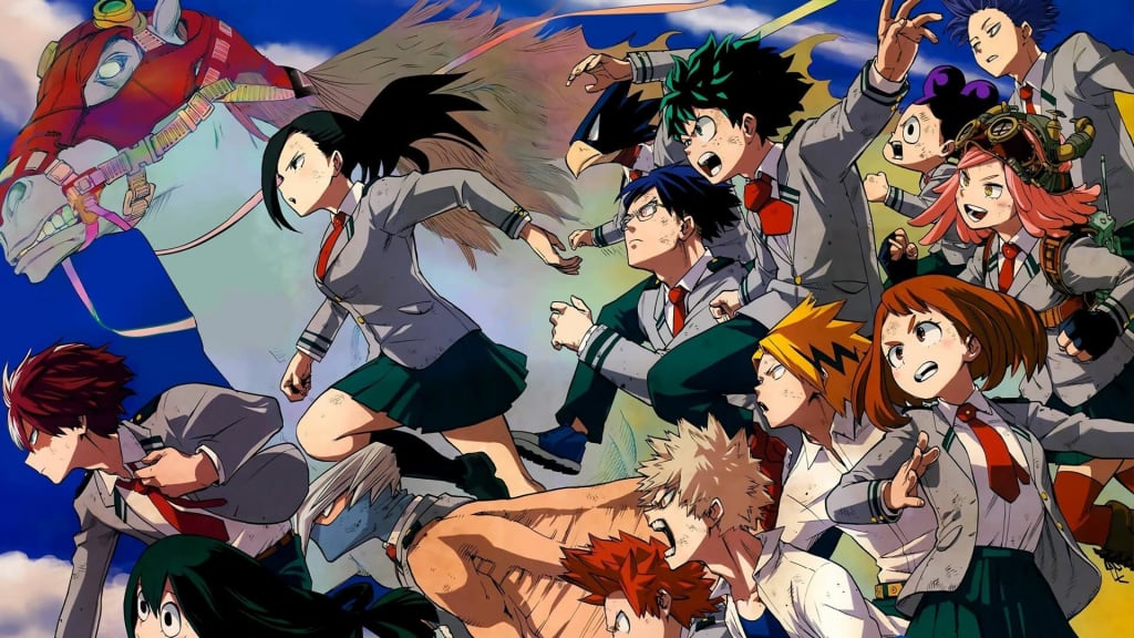 Izuku Midoriya and his classmates in dynamic action poses wearing hero costumes against a bright blue sky background