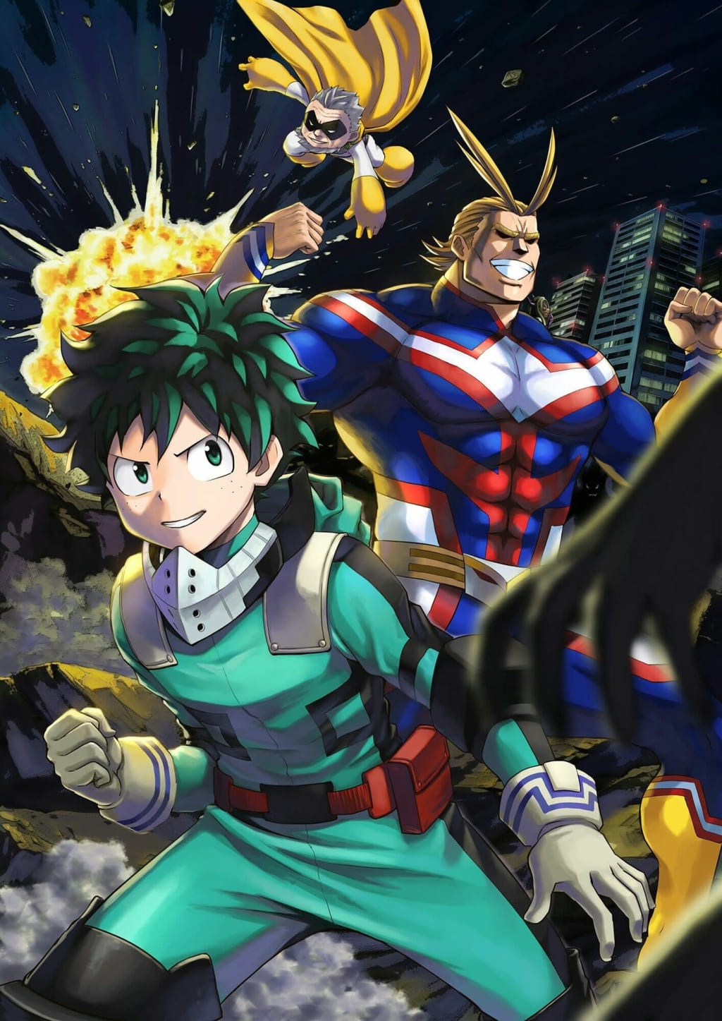 Izuku Midoriya in green hero suit unleashes explosive power alongside other heroes in dynamic action pose against dark citysc