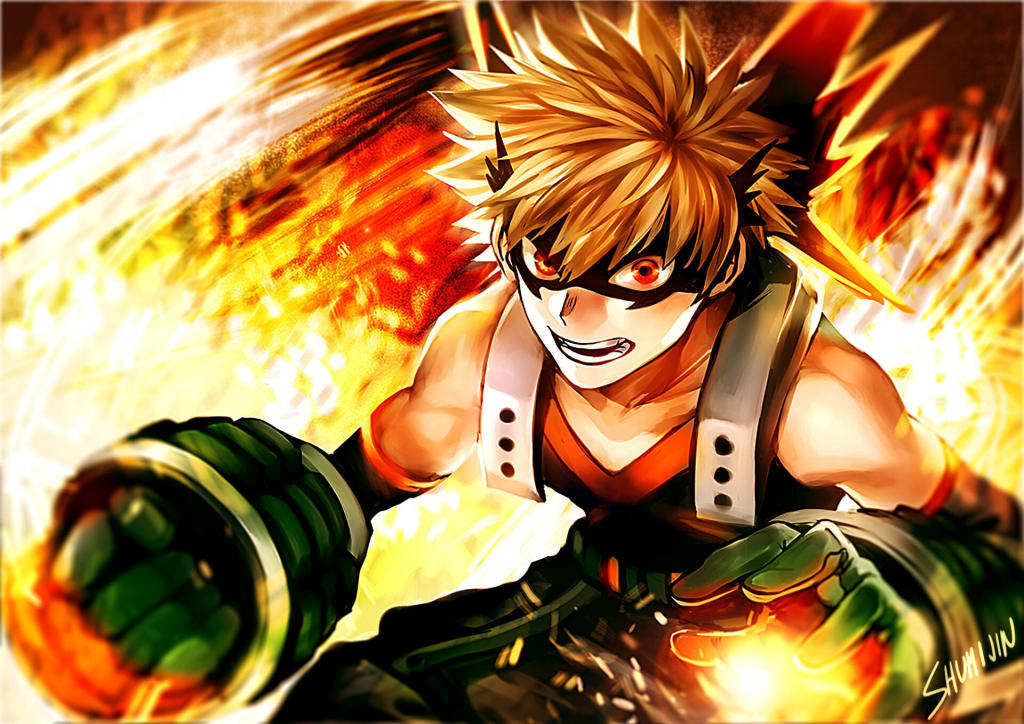 Anime character with spiky blonde hair and black mask, surrounded by intense orange and yellow flames and energy effects