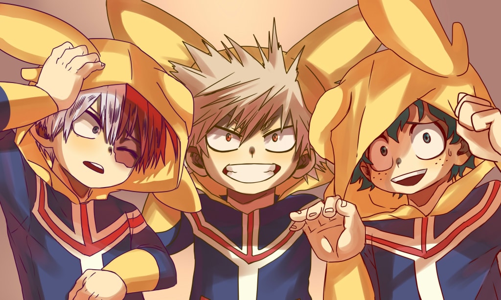 Izuku Midoriya smiling triumphantly with friends in heroic costumes, golden lighting creating a warm celebratory atmosphere a