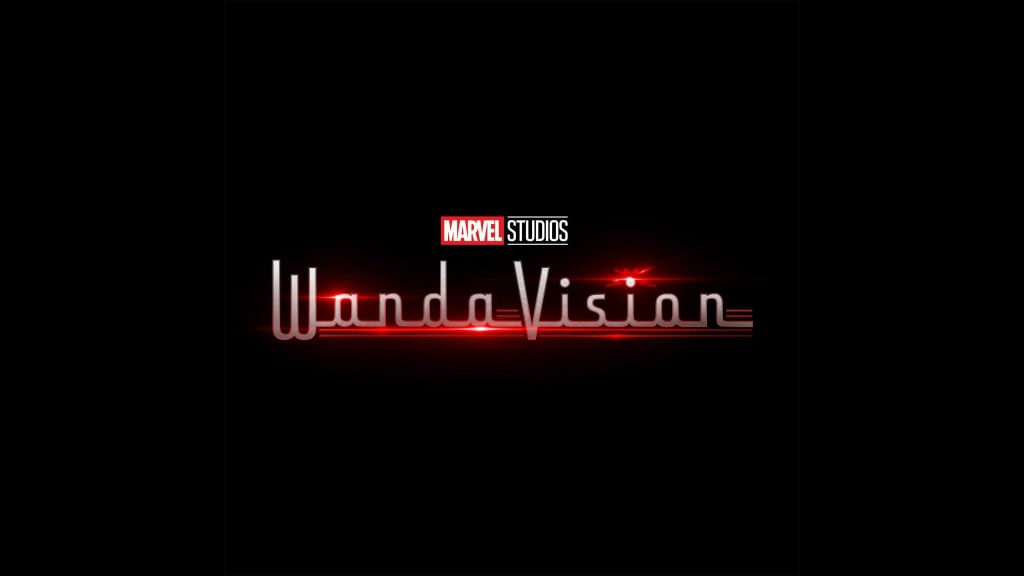 Scarlett Johansson as Wanda Maximoff with glowing red neon text reading WandaVision against a dark background with Marvel Stu