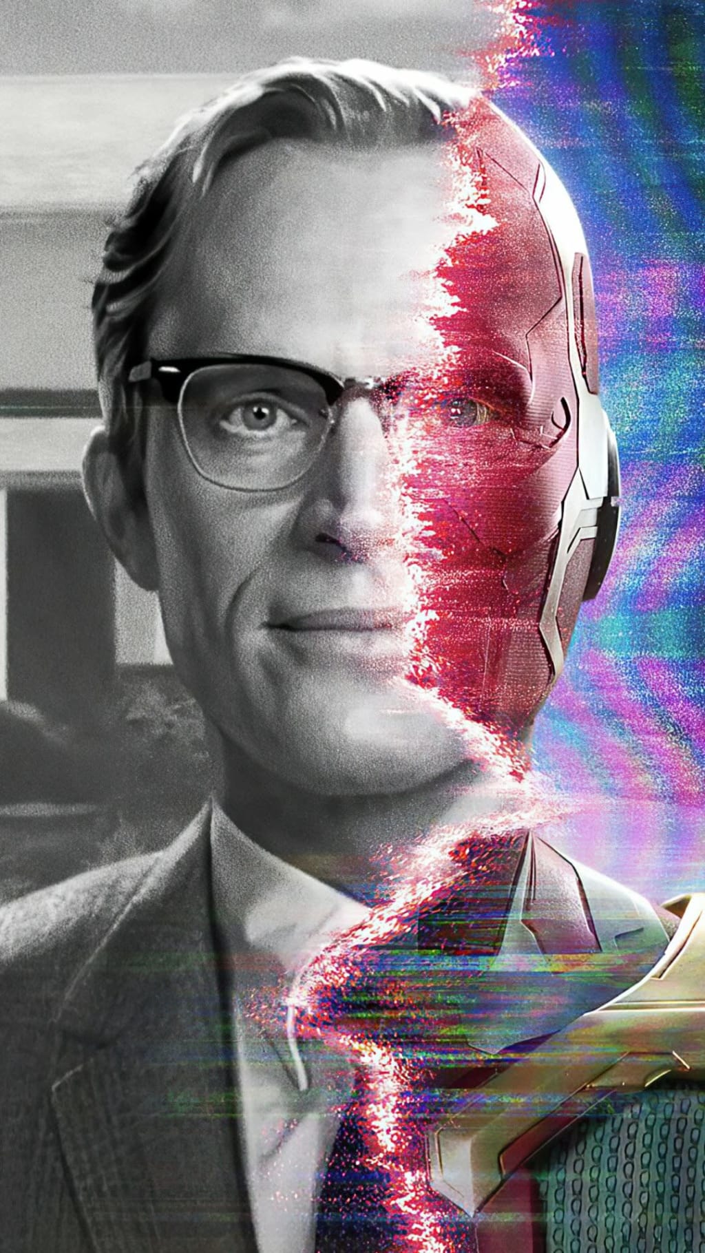 Black and white portrait of woman with glasses, right half digitally distorted with neon pink and blue glitch effect and pixe