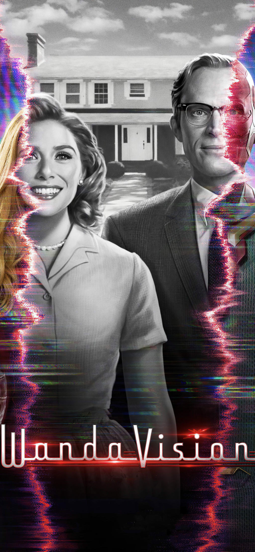 Scarlett Johansson in retro black and white portrait with vibrant neon pink and cyan glitch effects and vintage house backgro