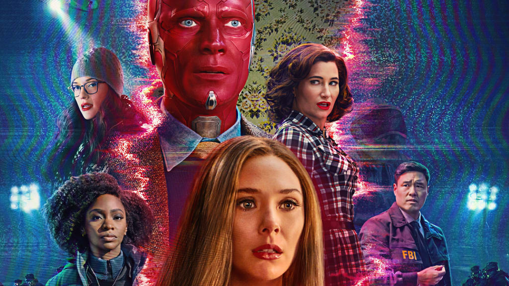 Scarlett Johansson and ensemble cast surrounded by neon pink and blue glitch effects with pixelated digital distortions in cy