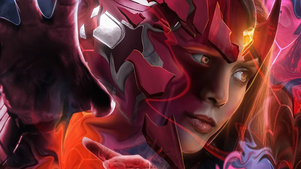 Woman with striking eyes wearing futuristic neon red and pink glowing armor with cyberpunk styling and intense expression