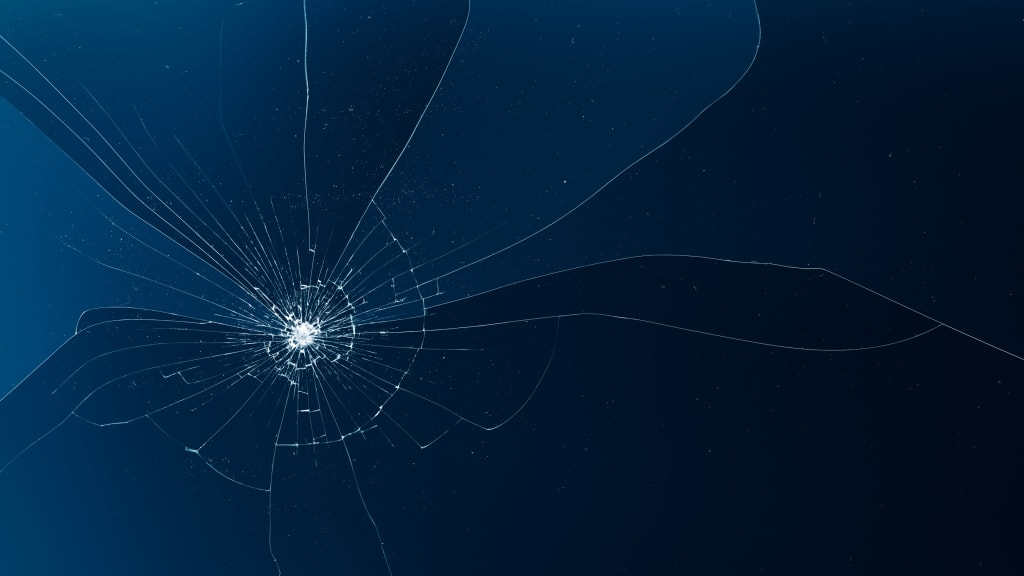 Abstract network visualization with radiating lines and shattered glass effect on deep blue background, representing digital