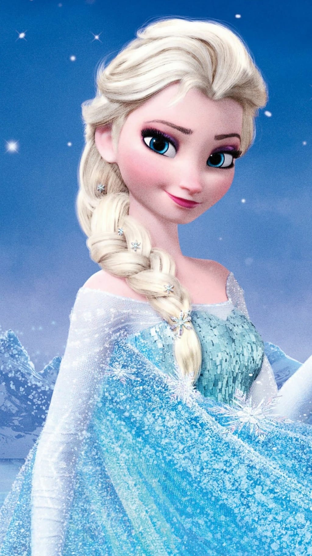 Animated character with platinum blonde braided hair wearing an icy blue sparkly gown against a snowy mountain backdrop with