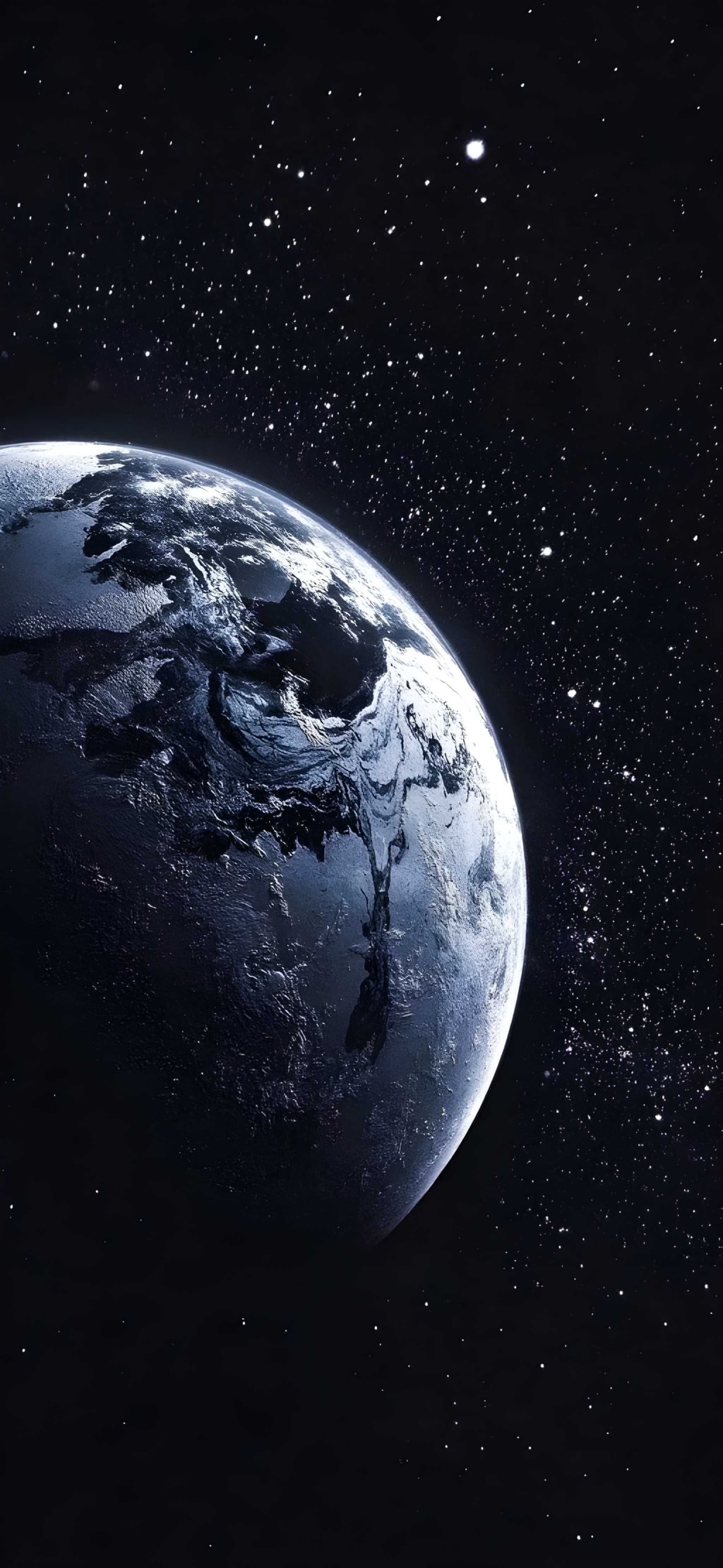 Earth illuminated against a vast starfield in deep space, with the moon visible and swirling cloud patterns across the planet