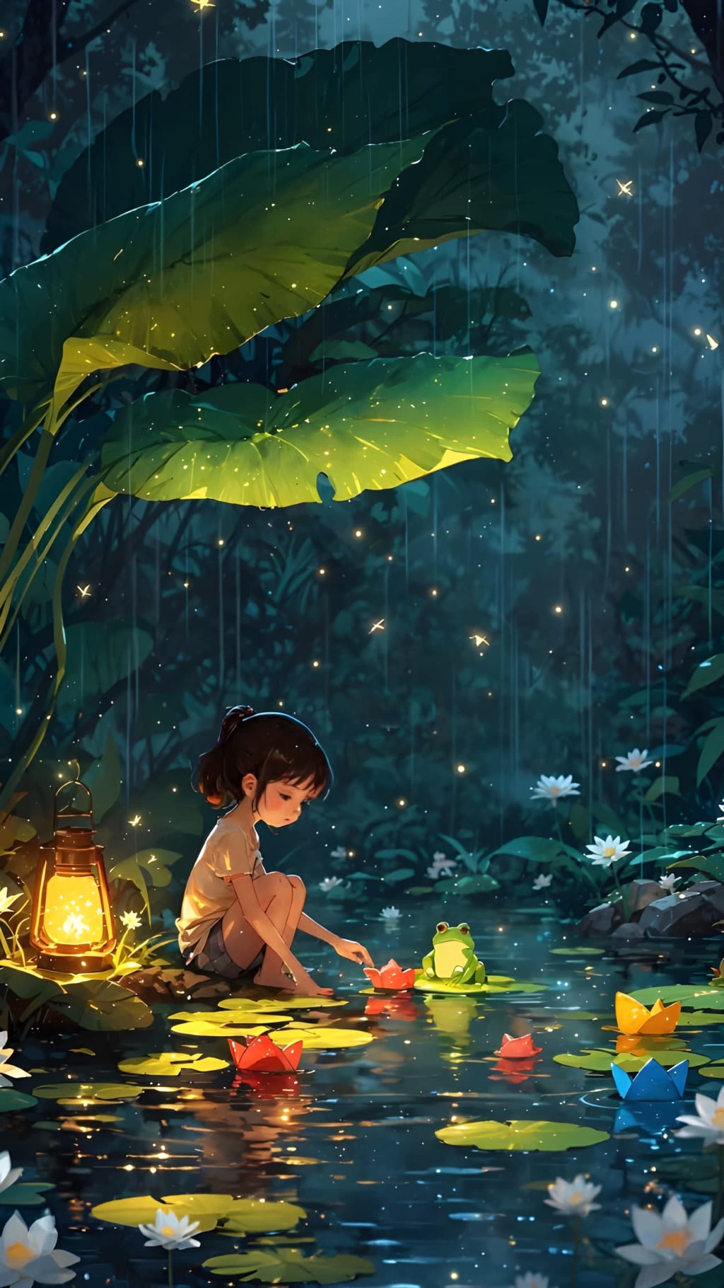 Anime girl sitting by a glowing pond with floating lanterns, fireflies, and giant illuminated leaves overhead in an enchanted