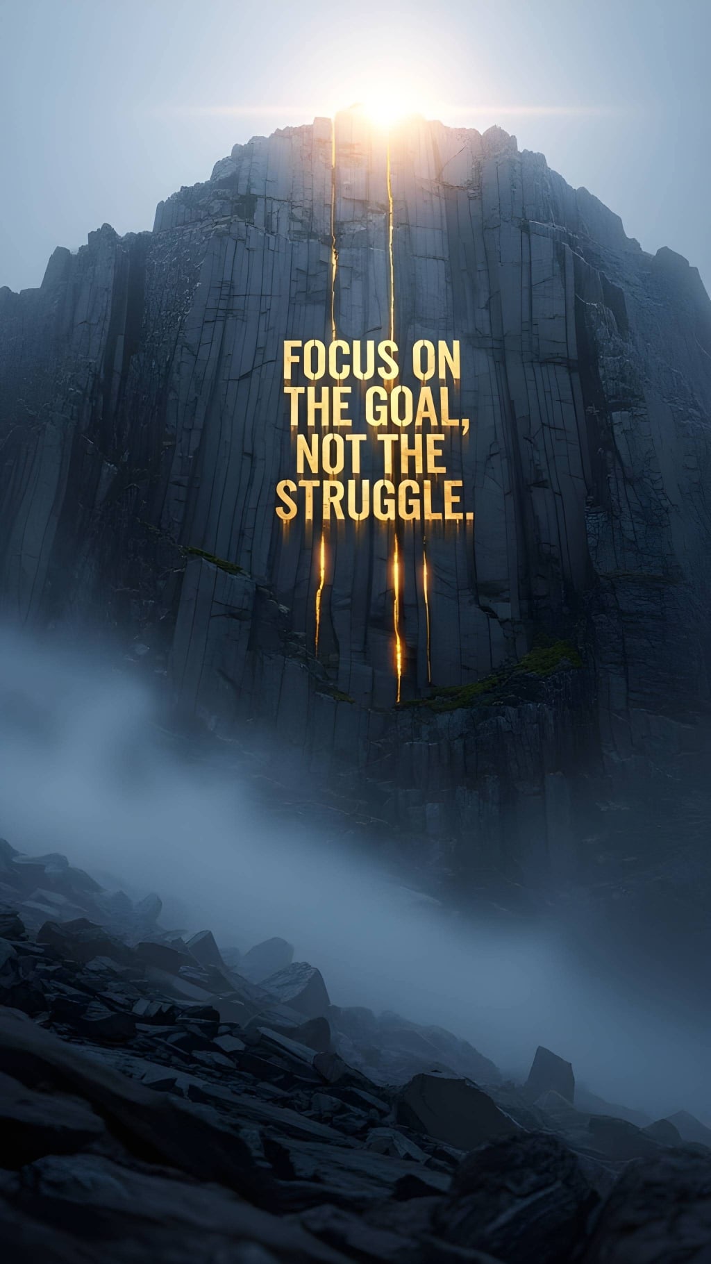 Massive rocky mountain peak illuminated by golden sunlight breaking through mist with motivational text overlay about focusin