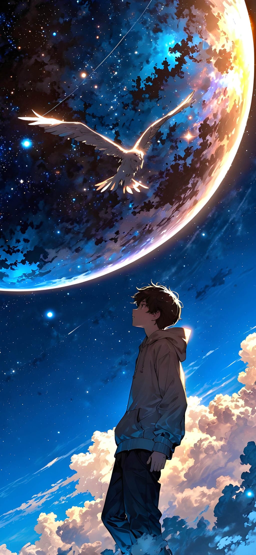 Anime boy in hoodie standing on clouds, gazing upward at glowing winged phoenix flying near a massive illuminated planet in s
