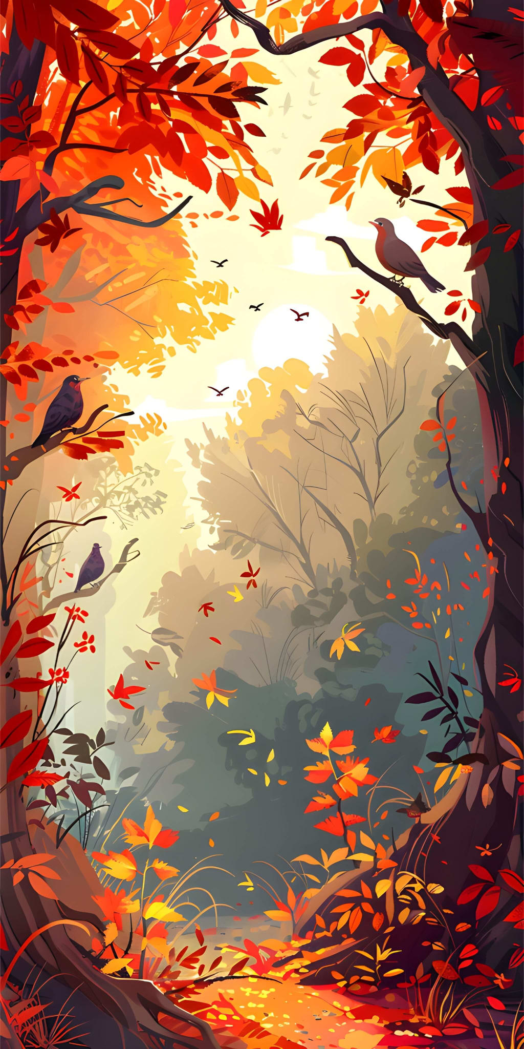 Illustration of birds perched on branches in an autumn forest with vibrant red and orange falling leaves against a bright sky