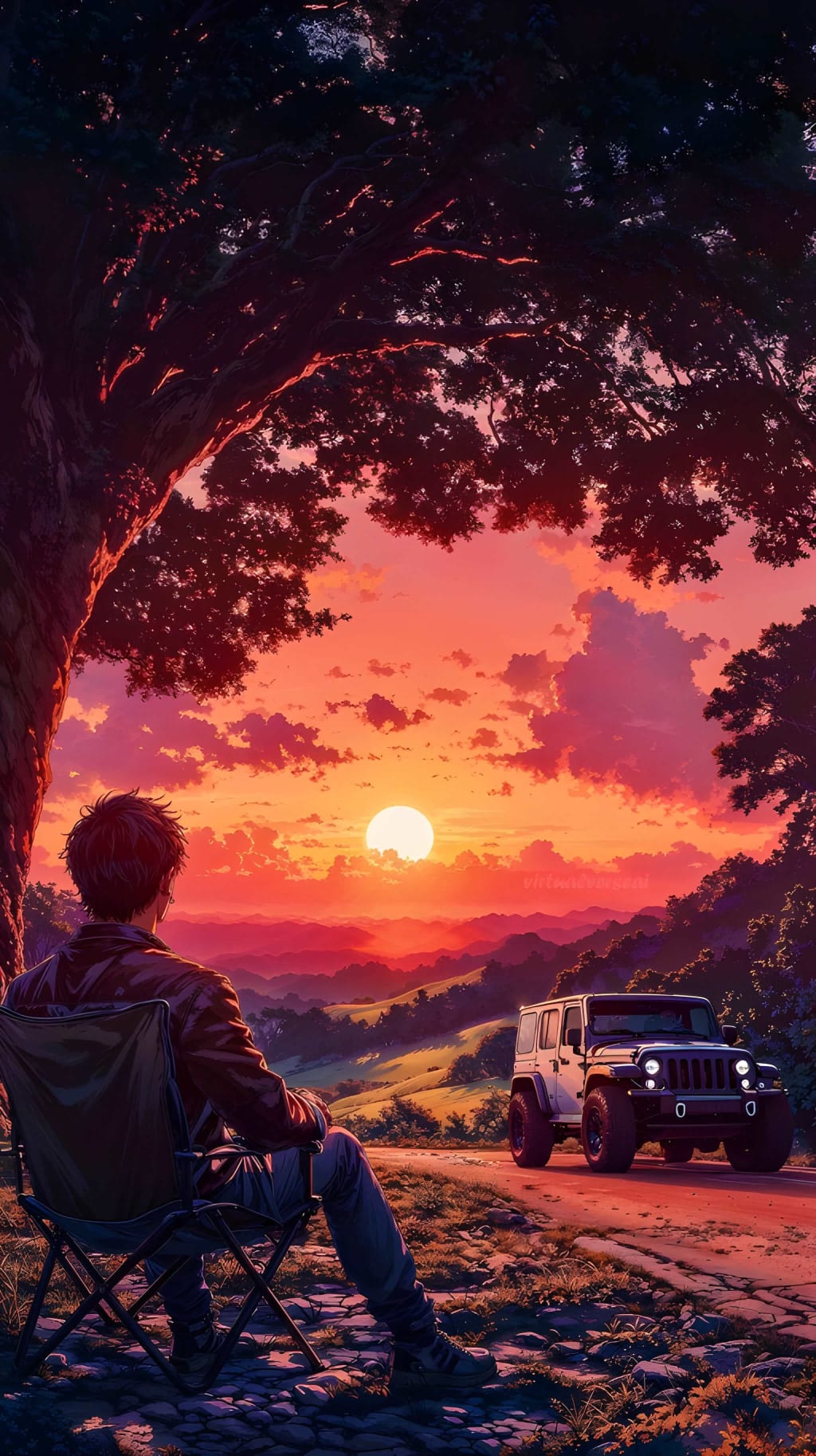 Person sitting by campfire watching golden sunset over mountains with white jeep parked nearby, framed by tree branches