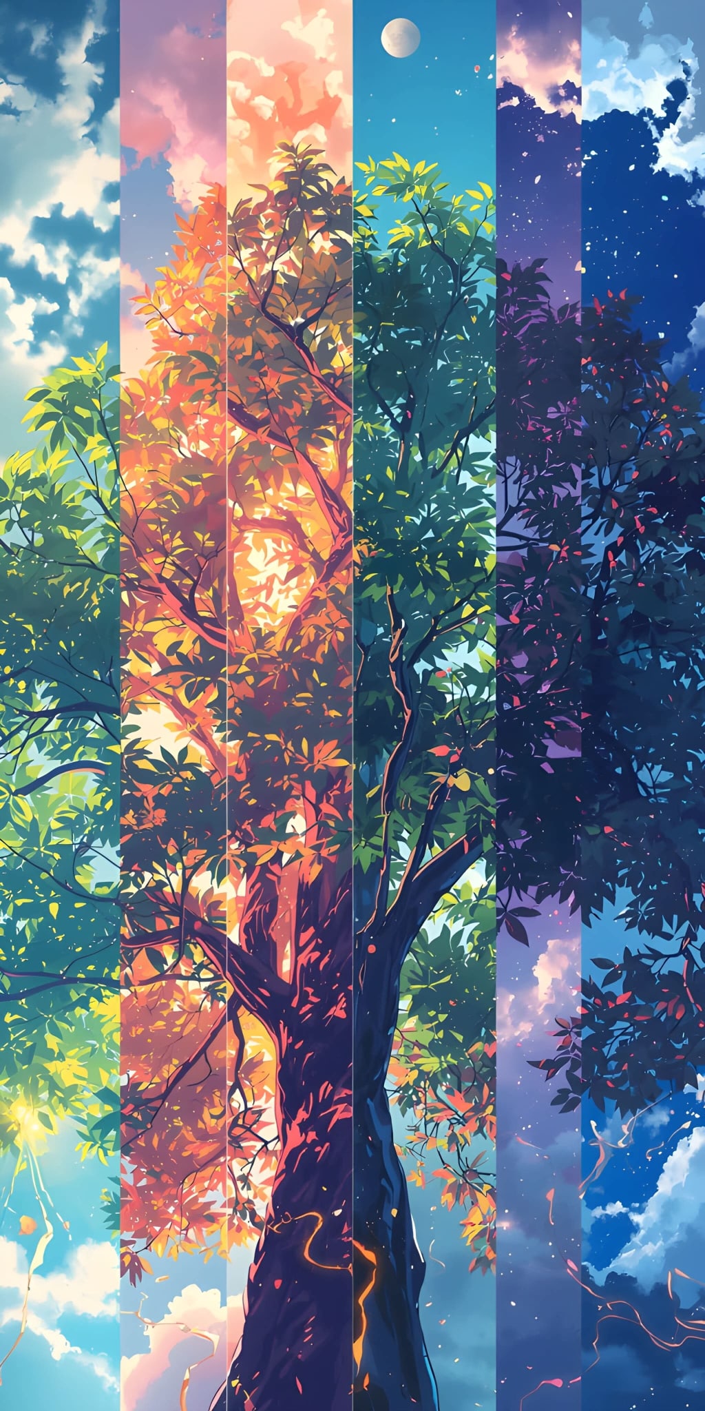 Vertical split-screen illustration of a tree transitioning through seasons, from spring blossoms to autumn leaves, winter nig
