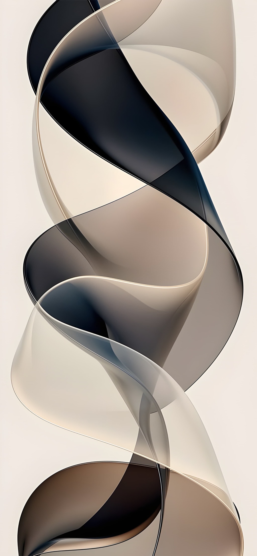 Abstract 3D twisted ribbons in black, white, and beige tones flowing in an elegant spiral pattern with smooth curves and mini