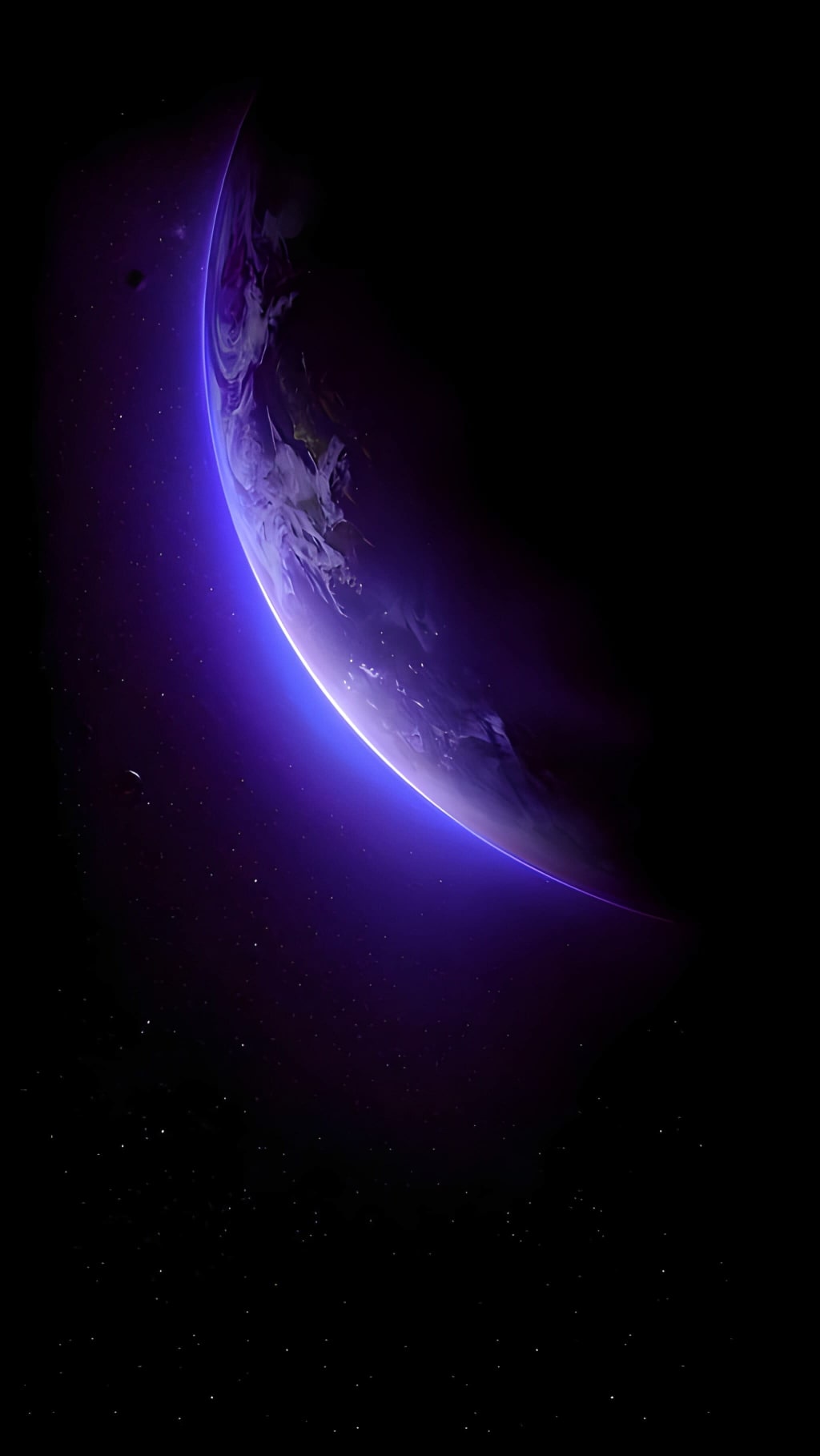 A luminous blue planet with atmospheric glow set against a dark space background filled with distant stars and cosmic dust