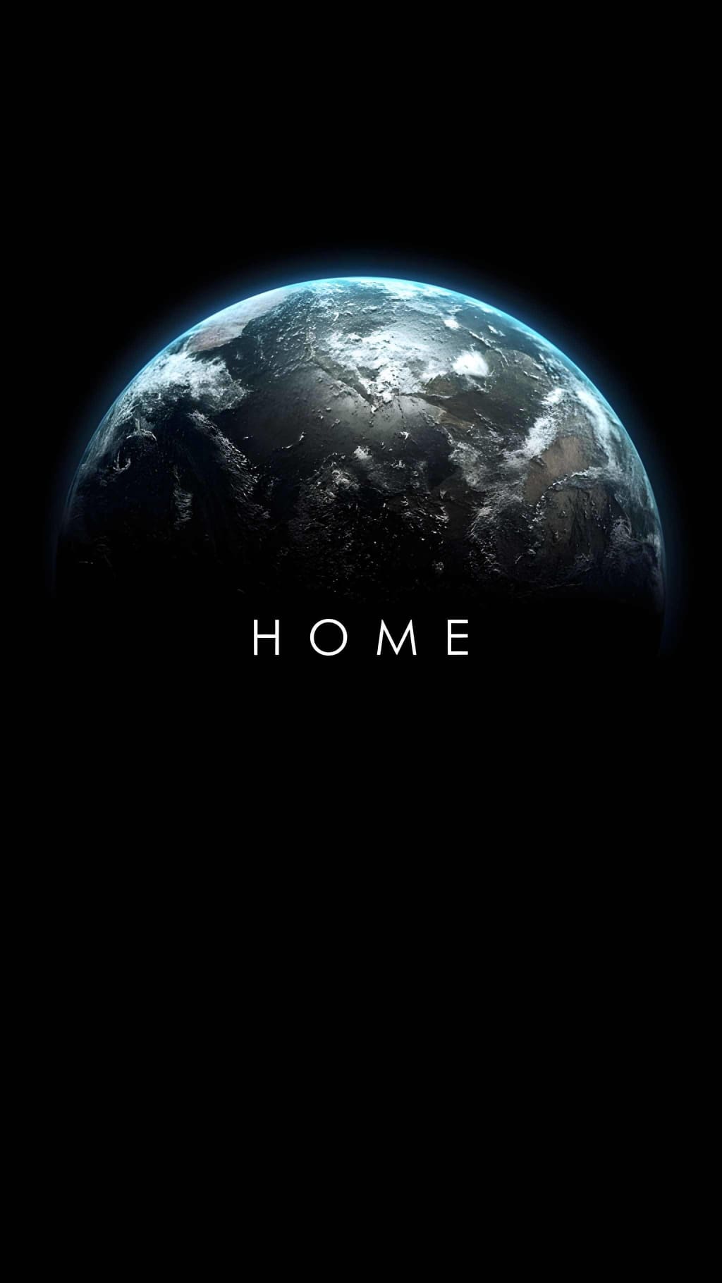 Earth glowing against black space with 'HOME' text below, showing continents, clouds, and atmospheric glow