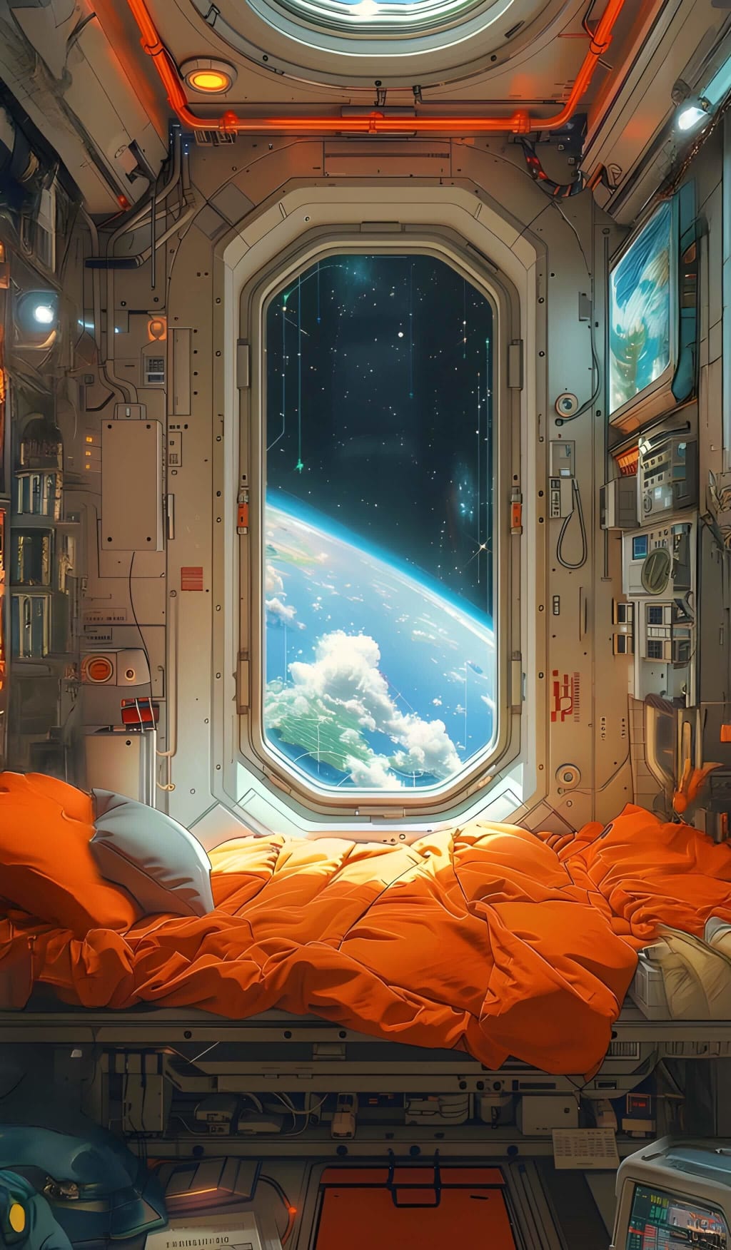 Interior view of a futuristic space station cabin with orange bedding, looking through a large window at Earth's blue curved