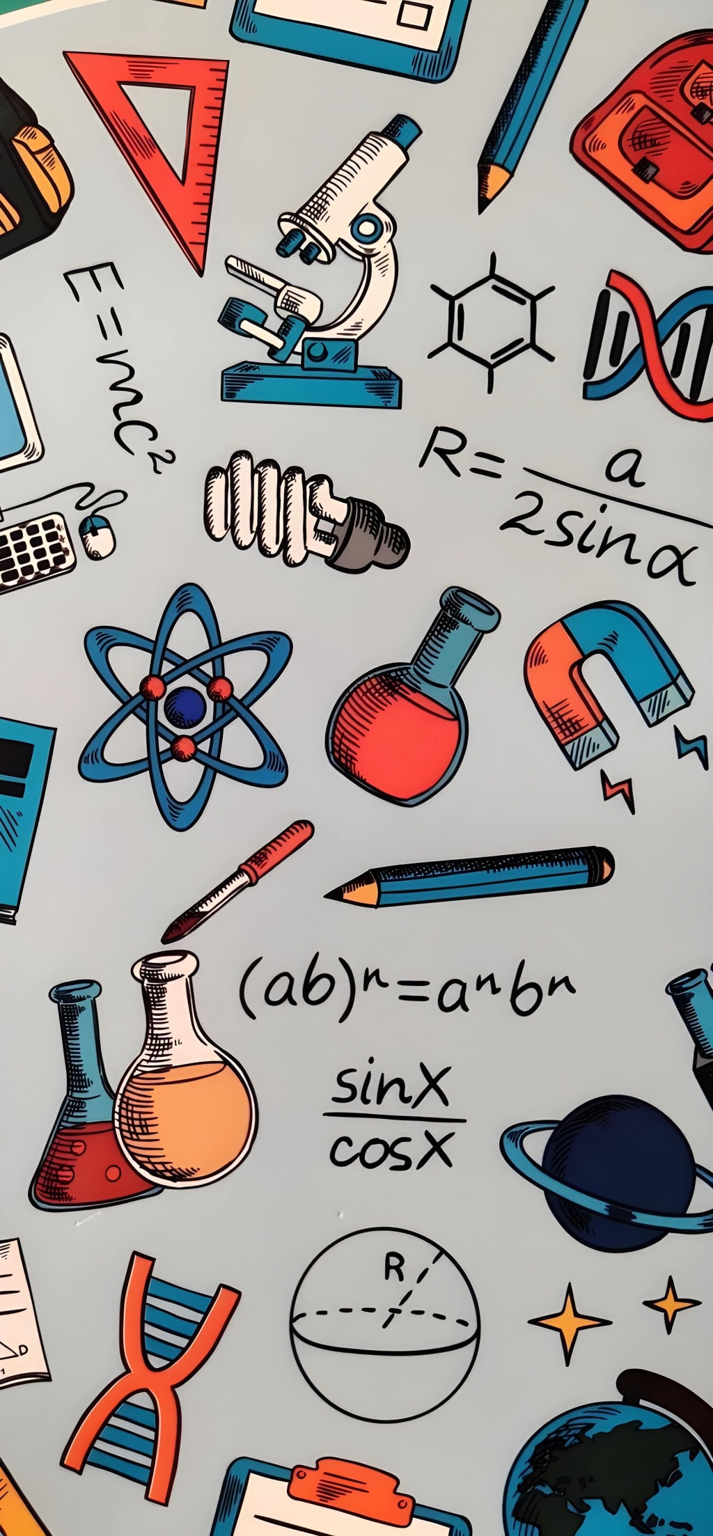 Collection of colorful science and math icons including microscope, atom, DNA, beaker, formulas, and educational tools on gra