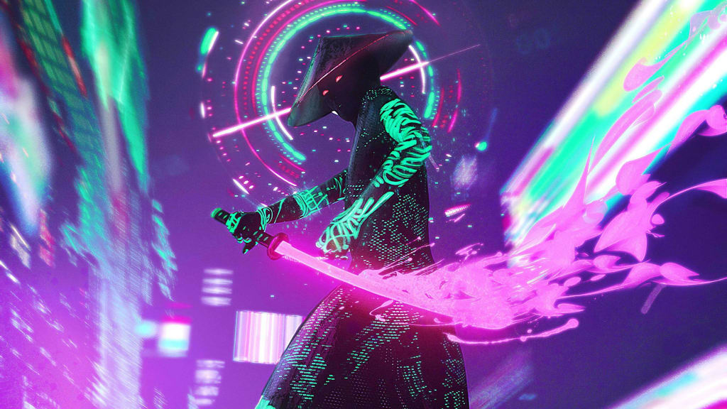 Futuristic figure surrounded by glowing neon pink and cyan lights, geometric holograms, and digital effects on dark purple ba