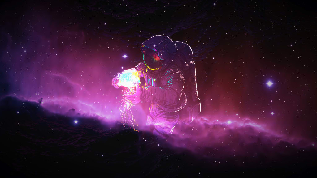 Glowing neon astronaut holding an illuminated energy orb amid cosmic purple and pink nebula clouds against starry space