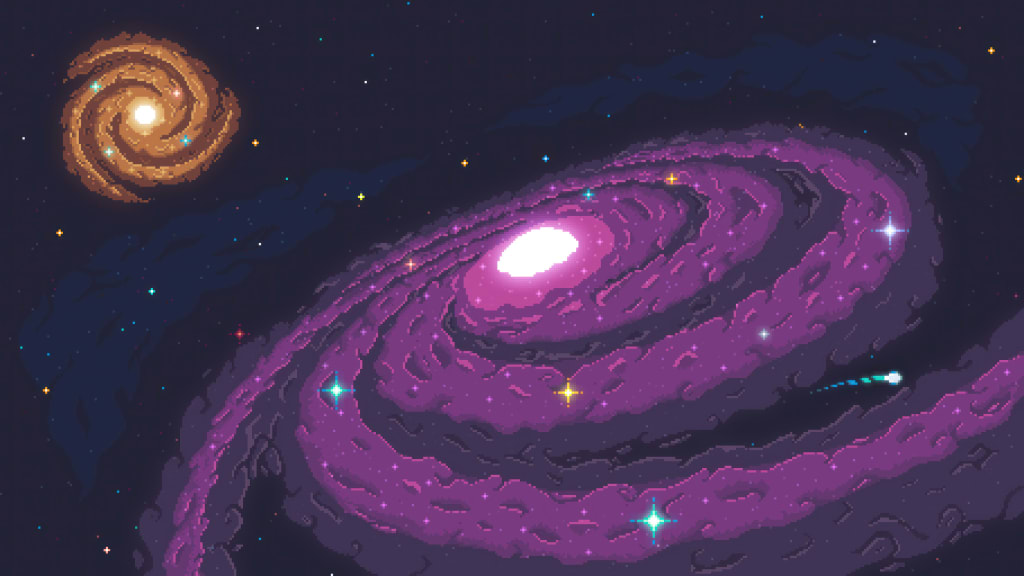 Two vibrant spiral galaxies with glowing centers in deep space. An orange galaxy spirals in the upper left while a magenta ga