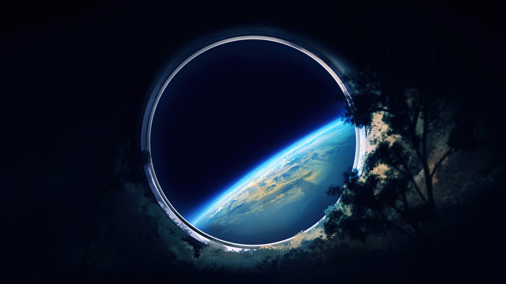 Glowing view of Earth through a circular illuminated portal or spacecraft window against dark space with atmospheric blue lig