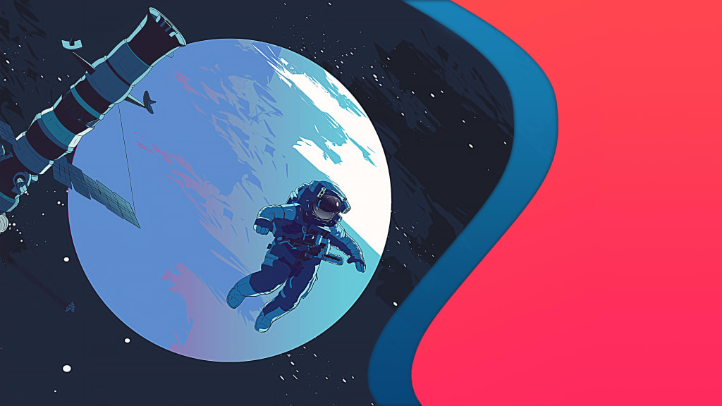 Astronaut in spacesuit floating above Earth planet with satellite and stars in cosmic space scene