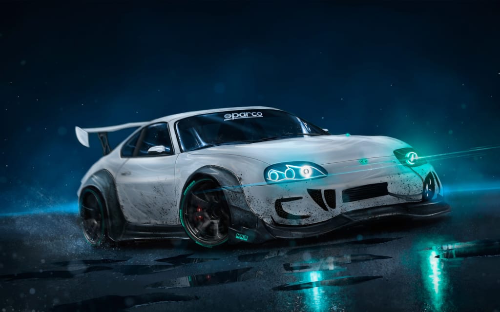 White sports car with aggressive aerodynamics and glowing cyan neon accents on wet asphalt against dark starry sky