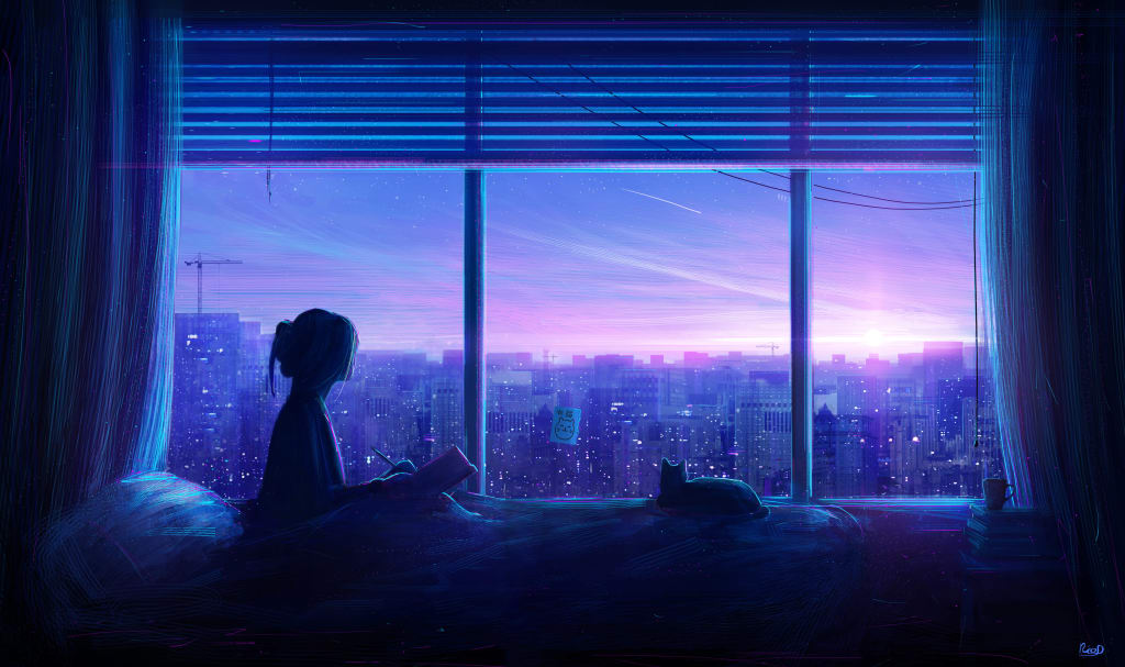 Silhouette of person sitting by window overlooking neon-lit cyberpunk city at sunset with purple and blue lighting