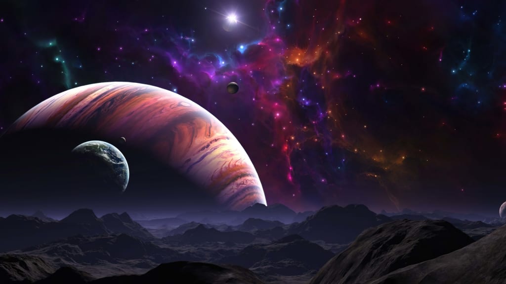 Massive gas giant with swirling red and purple clouds hovers above a rocky alien landscape, with a cosmic nebula and stars il