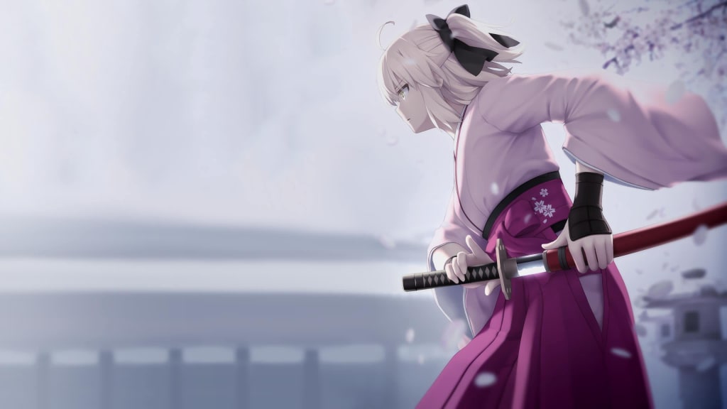 Anime character in pink jacket and magenta skirt wielding a katana sword, standing against a misty coastal landscape backdrop