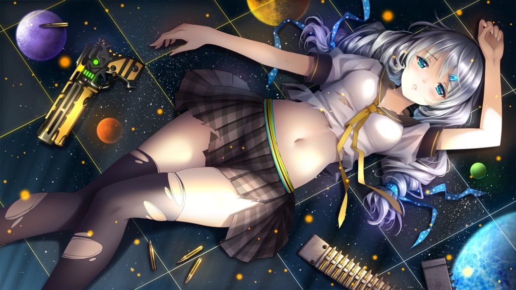Anime girl floating in space with silver hair and blue eyes, surrounded by futuristic technology, colorful planets, and glowi