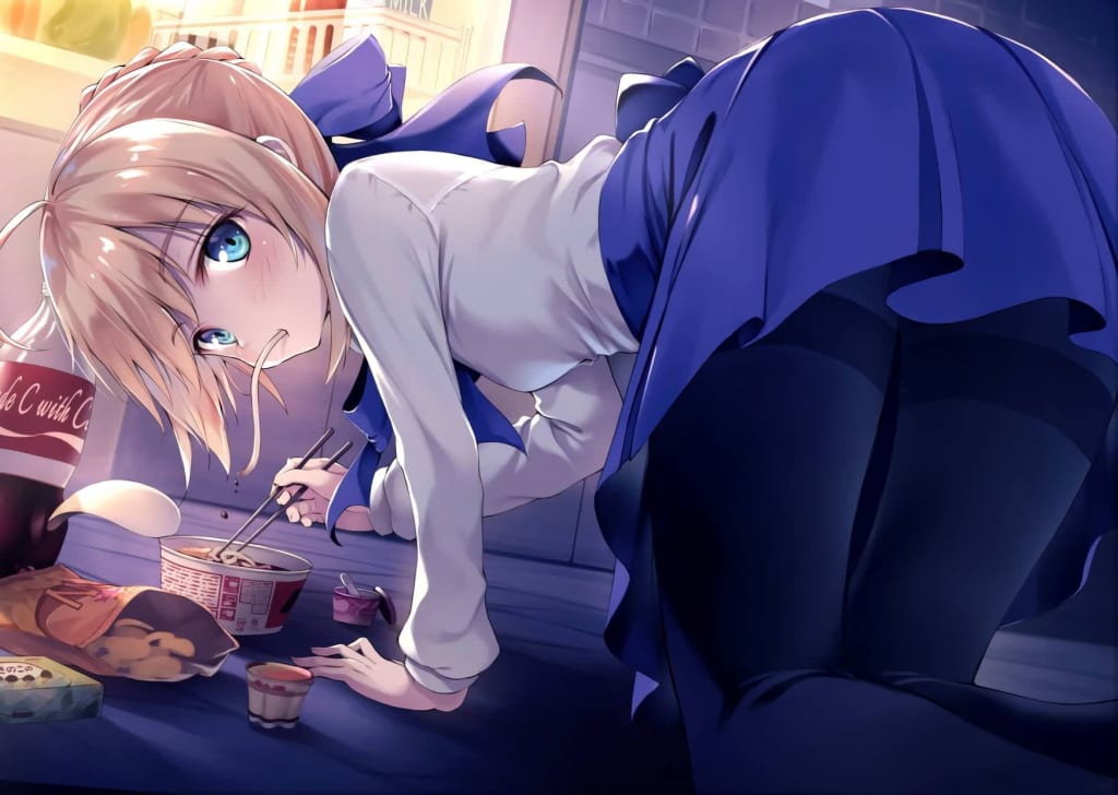 Anime character with pink hair studying at desk with warm lighting and purple tones in cozy bedroom setting