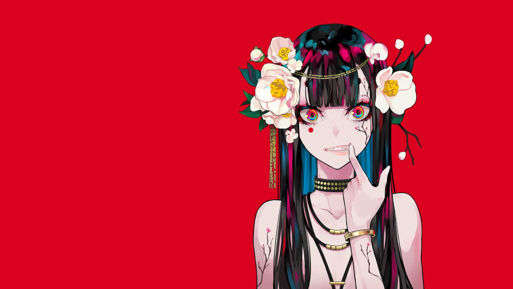 Anime character with long black hair adorned with white flowers and golden accessories, featuring colorful eyes against a vib