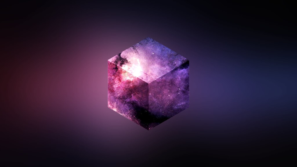 Abstract 3D cube with glowing purple and pink cosmic particles against dark background, illuminated from within
