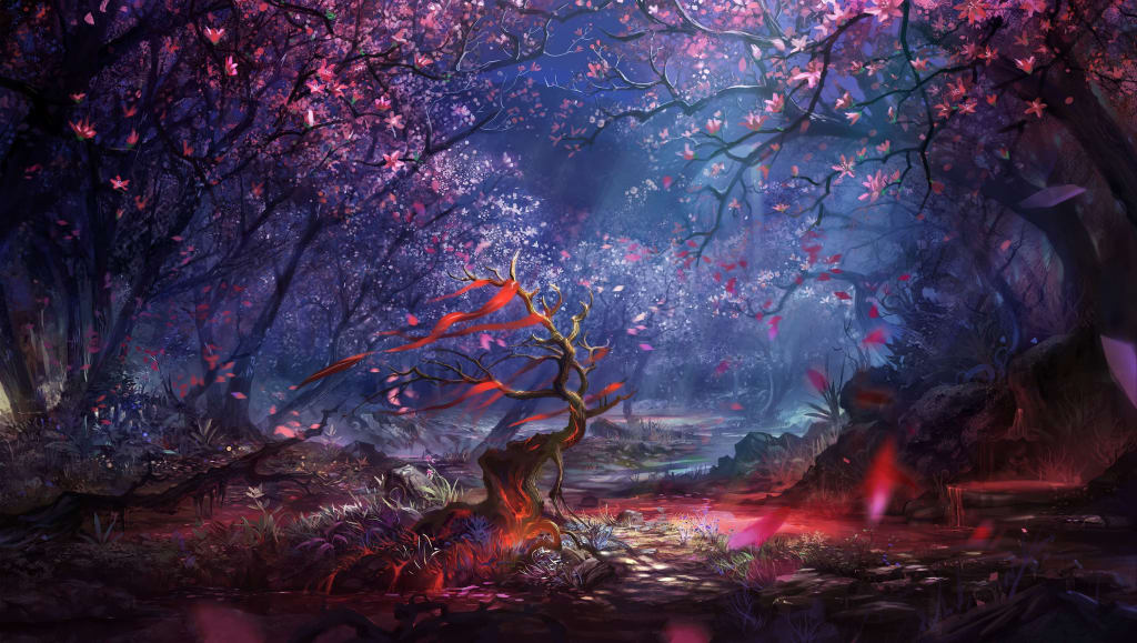 A mystical forest scene with glowing purple and pink trees, luminescent foliage, and a twisted tree with orange-red light in