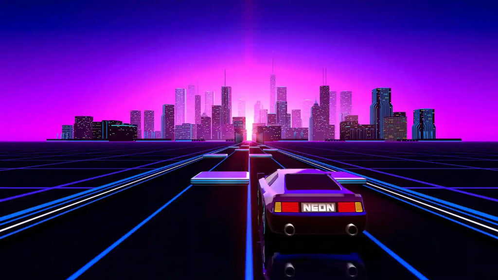 Neon-lit retro sports car driving toward a glowing purple and pink futuristic city skyline with blue neon road lines