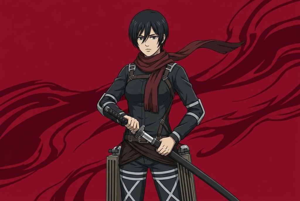 Anime girl with black hair and red scarf stands against crimson background, holding large sword, wearing tactical black outfi