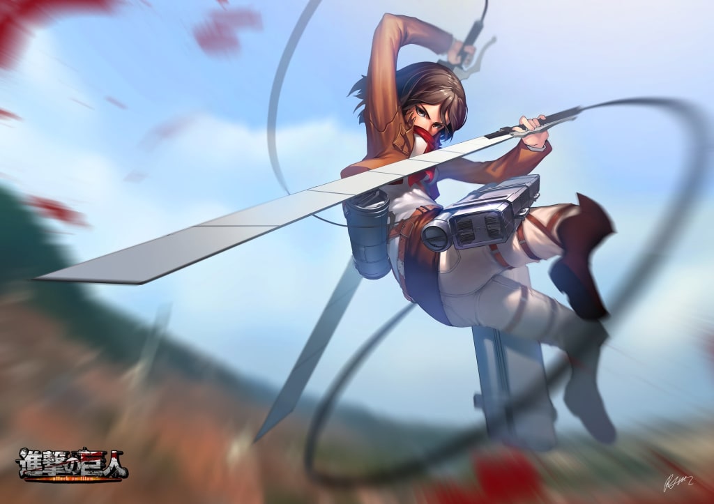 Anime character Mikasa Ackerman wielding large sword in dynamic combat pose against blue sky with motion blur and landscape b