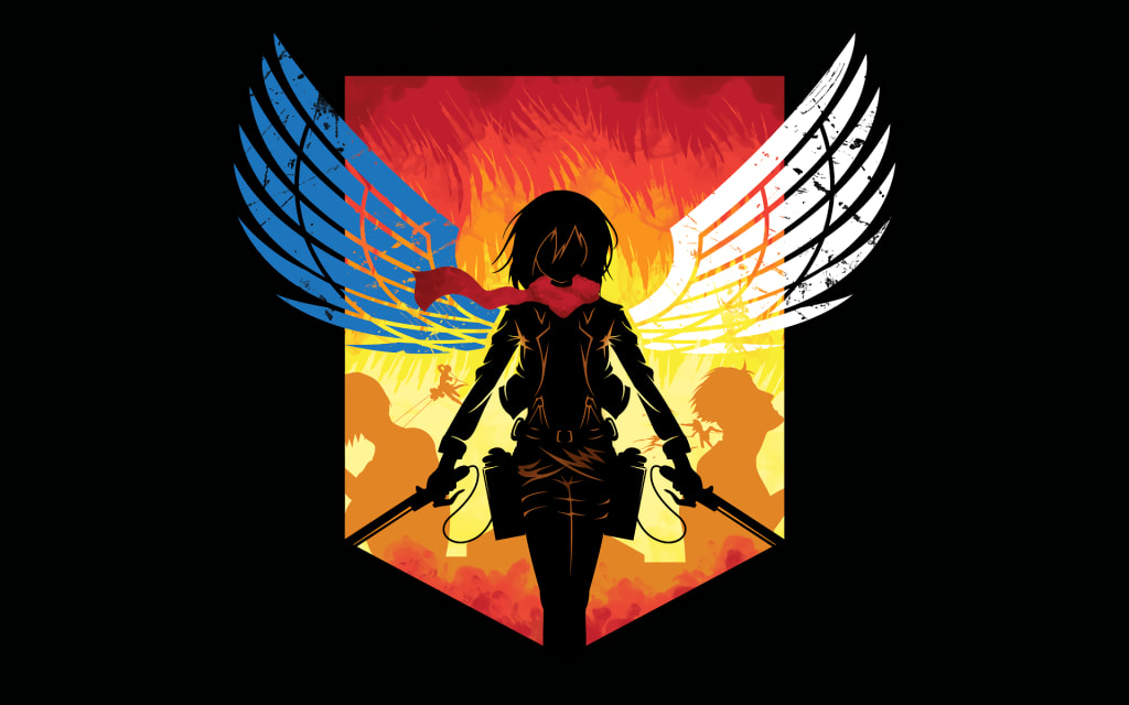 Mikasa Ackerman silhouette with colorful winged emblem, holding dual blades against fiery orange and yellow background with b
