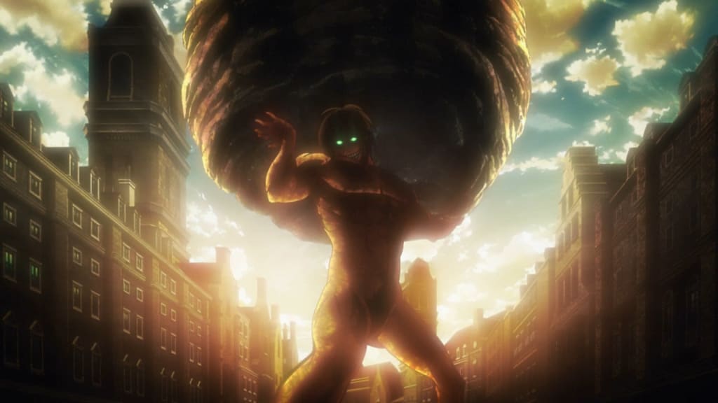 Eren Yeager as the Colossal Titan looming over a cityscape with glowing eyes and dramatic sunlight piercing through clouds ab
