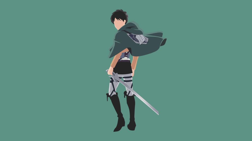 Anime character Eren Yeager standing in warrior pose wearing dark cloak with wing emblem, holding sword against teal backgrou